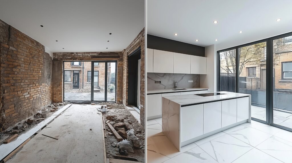 Modern kitchen renovation project before, after. Empty room with exposed brick walls, dirt floor. Transformation shows beautifully designed white kitchen with marble countertops, stylish cabinets.